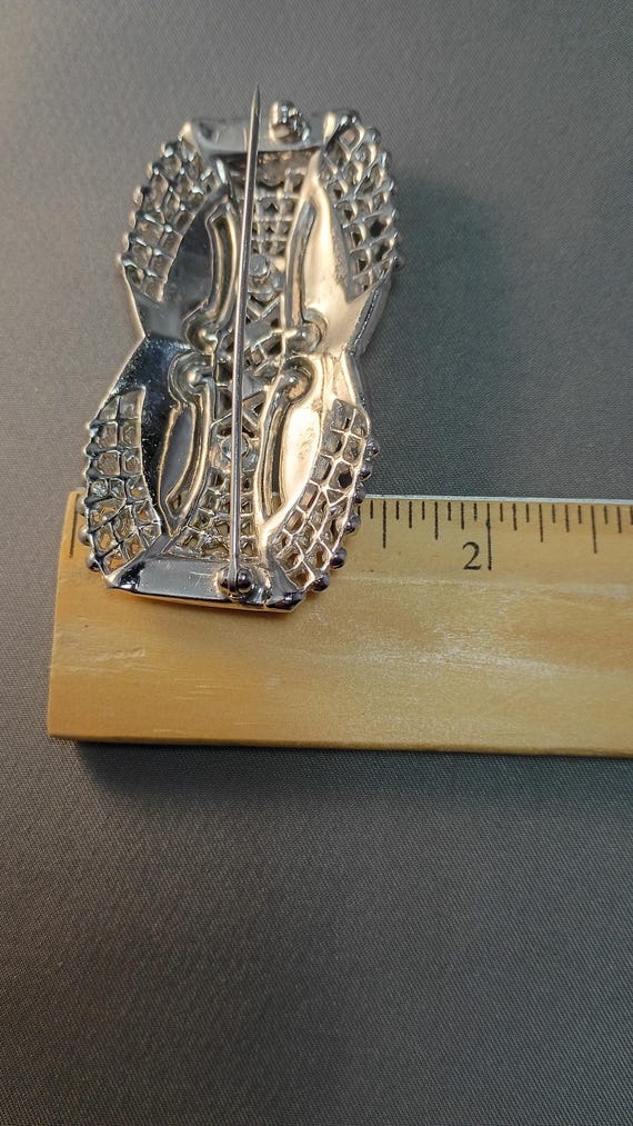 Large Rectangular Silver Tone with Rhinestones Pi… - image 3