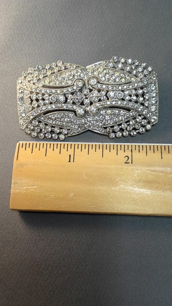 Large Rectangular Silver Tone with Rhinestones Pi… - image 4