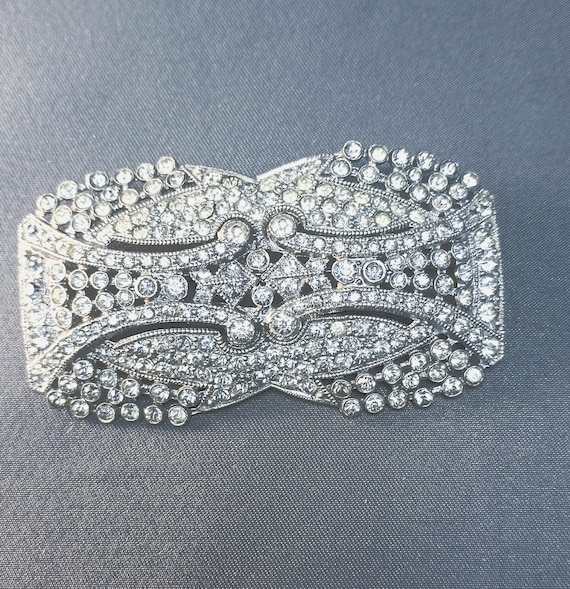 Large Rectangular Silver Tone with Rhinestones Pi… - image 1