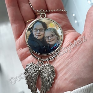 Angel wing photo ornament, hanging photo charm, car rear view mirror charm, memorial photo charm