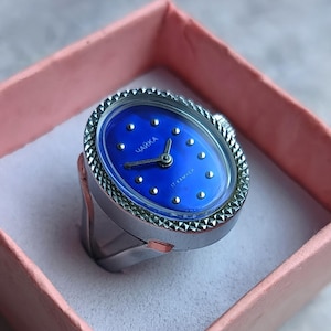 Blauwe ringhorloge dames, vintage mechanisch horloge, jaren 80
