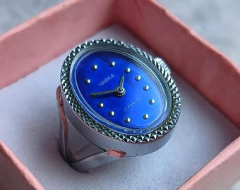 Blue Ring Watch Women, Vintage Mechanical Watch, 1980s