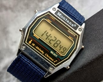 Vintage Montana Digital Watch 1980s 16-Melody Chrono LCD Watch Retro USA Eagle Back Quartz Wristwatch Working Classic Nostalgia Gift