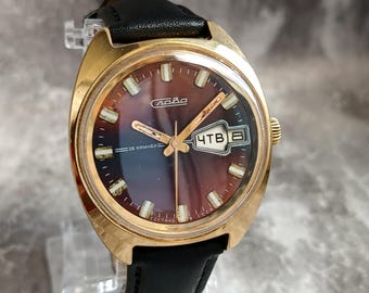 Vintage 1980s Slava 26 Jewels Manual Wind USSR Watch AU10 Gold Plated Burgundy Dial Serviced Retro Fashion