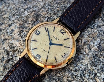 Serviced Vintage Zarja Watch Gold Plated Old Money Aesthetic Dark Academia Mechanical Mens Wristwatch Gift