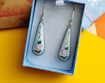 Women&#39;s vintage style earrings, enamel earrings, gift box earrings, Ukrainian earrings, Ukraine jewelry, gift for her, flower earrings.