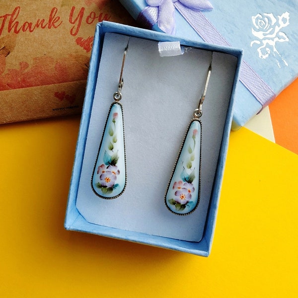 Women's vintage style earrings, enamel earrings, gift box earrings, Ukrainian earrings, Ukraine jewelry, gift for her, flower earrings.