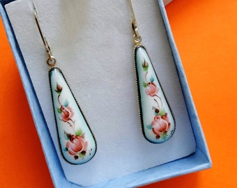 Vintage Ukrainian earrings with flowers, women&#39;s earrings with enamel insert, earrings in a gift box
