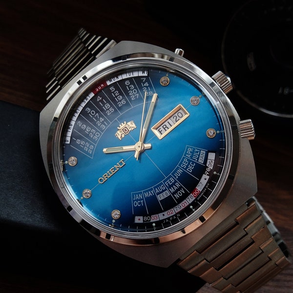 Japanische seltene Uhr Orient College Multi-Kalender, automatische Herrenuhren, Kalenderuhren, 21 Steine, blaue große Uhren für Männer