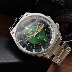 Vintage Japanische Armbanduhr Orient Sea King, SK, Automatik Herrenuhren, Kalenderuhren, 21 Steine, Grüne große Uhren für Herren