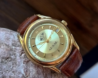 Vintage Mens Watch, Gold Color Dial, with Calendar