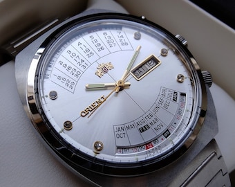 Japanese rare Orient College watch,perpetual calendar,automatic men&#39;s watch,calendar,21 stone,white large men&#39;s watch