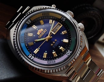 Japanese rare Orient watch, automatic men&#39;s watch, calendar watch, 21 stone, blue large men&#39;s watch