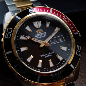 Vintage men&#39;s watch gold Orient automatic with calendar, diver sports watch, black big watch for men, waterproof watch, ORIENT MAKO