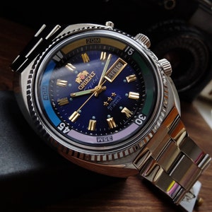 Vintage Orient King Diver Automatic Watch Blue Dial 21 Jewels Day Date Stainless Steel