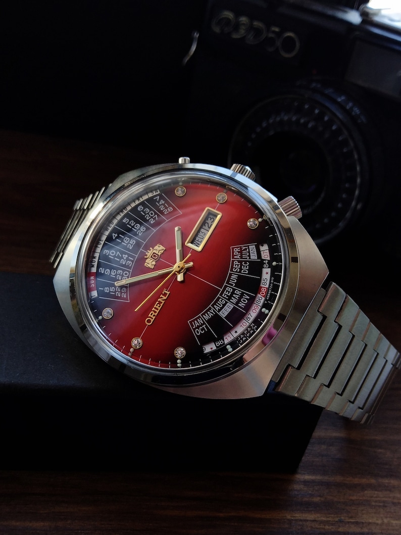 Japoński rzadki zegarek Orient College z wieloma kalendarzami, automatyczne zegarki męskie, kalendarz, 21 kamieni, czerwone duże zegarki męskie zdjęcie 3