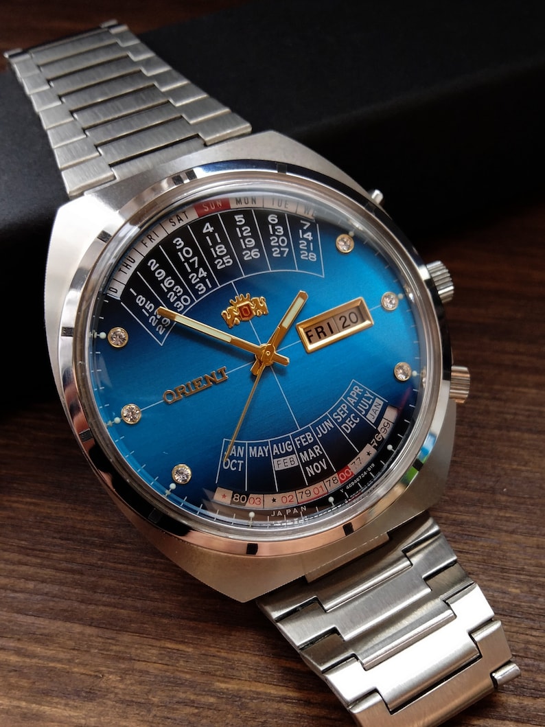 Japanische seltene Uhr Orient College Multi-Kalender, automatische Herrenuhren, Kalenderuhren, 21 Steine, blaue große Uhren für Männer Bild 3