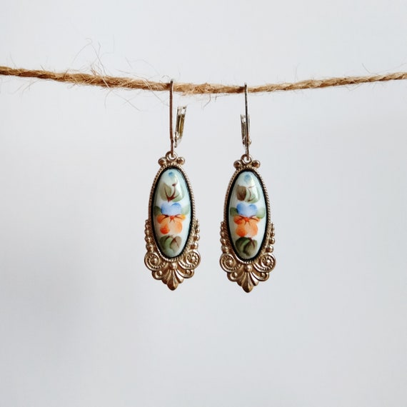 Enamel pendant earrings, vintage jewelry set, han… - image 4