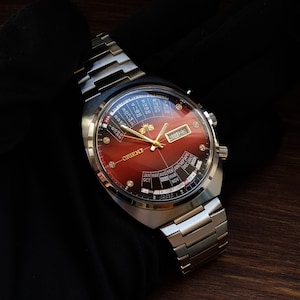 Japoński rzadki zegarek Orient College z wieloma kalendarzami, automatyczne zegarki męskie, kalendarz, 21 kamieni, czerwone duże zegarki męskie zdjęcie 9