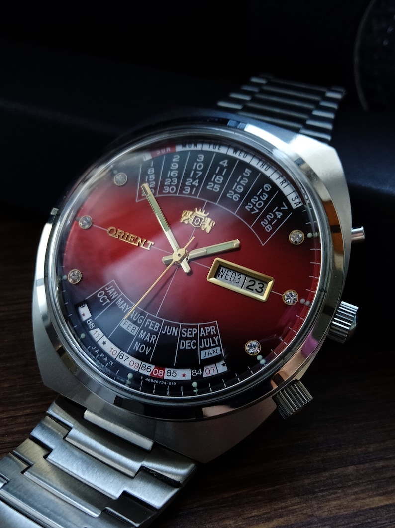 Japoński rzadki zegarek Orient College z wieloma kalendarzami, automatyczne zegarki męskie, kalendarz, 21 kamieni, czerwone duże zegarki męskie zdjęcie 5