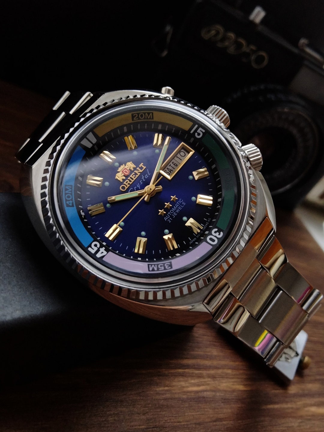 Vintage Orient King Diver Automatic Watch Blue Dial 21 Jewels Day