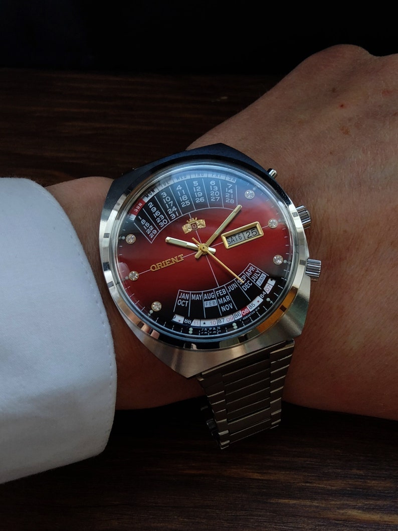 Japoński rzadki zegarek Orient College z wieloma kalendarzami, automatyczne zegarki męskie, kalendarz, 21 kamieni, czerwone duże zegarki męskie zdjęcie 1