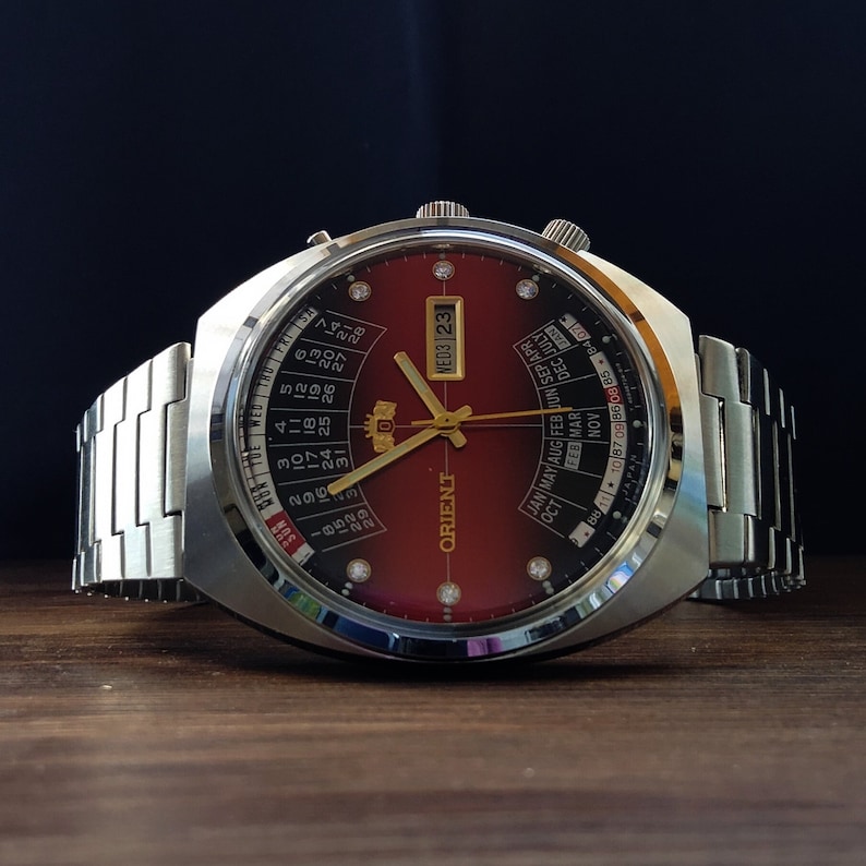 Japoński rzadki zegarek Orient College z wieloma kalendarzami, automatyczne zegarki męskie, kalendarz, 21 kamieni, czerwone duże zegarki męskie zdjęcie 2