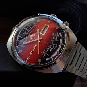 Japoński rzadki zegarek Orient College z wieloma kalendarzami, automatyczne zegarki męskie, kalendarz, 21 kamieni, czerwone duże zegarki męskie zdjęcie 8
