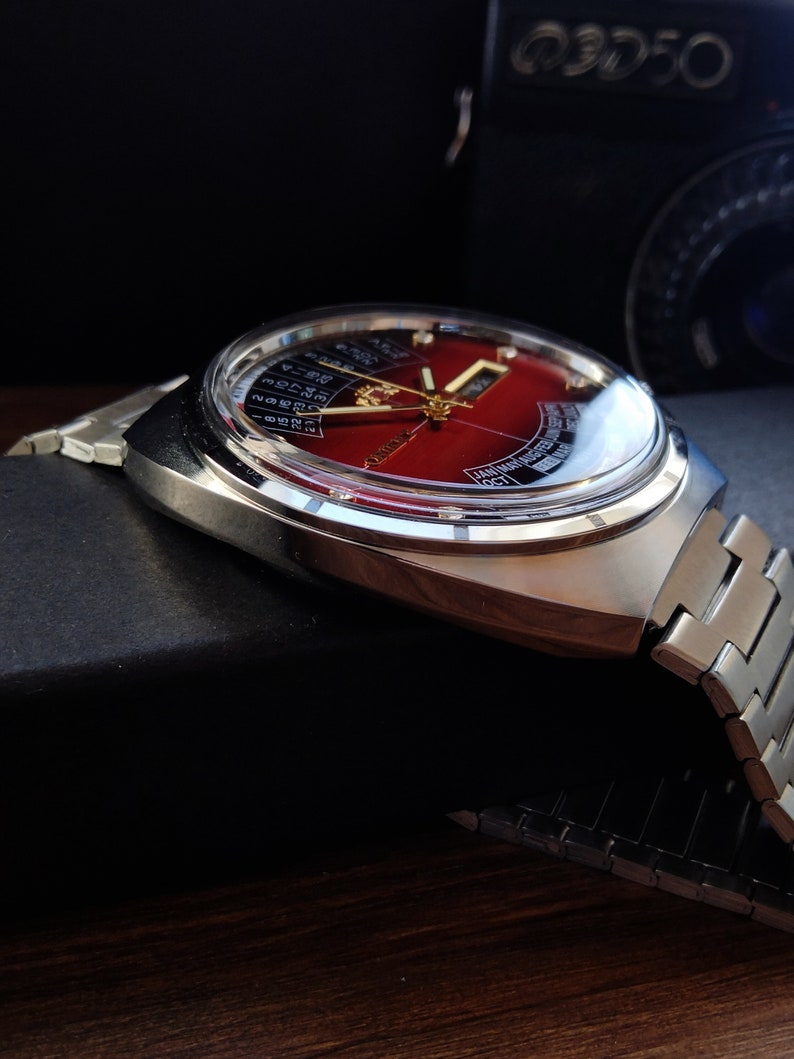 Japoński rzadki zegarek Orient College z wieloma kalendarzami, automatyczne zegarki męskie, kalendarz, 21 kamieni, czerwone duże zegarki męskie zdjęcie 6
