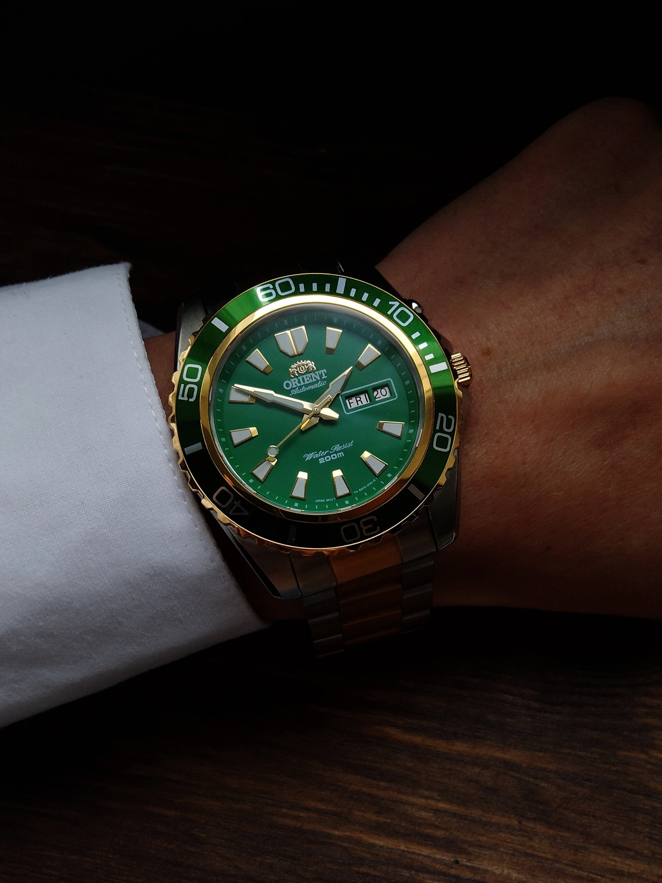Vintage Orient Mako Automatic Watch: Gold Plated, Green Dial, 200M