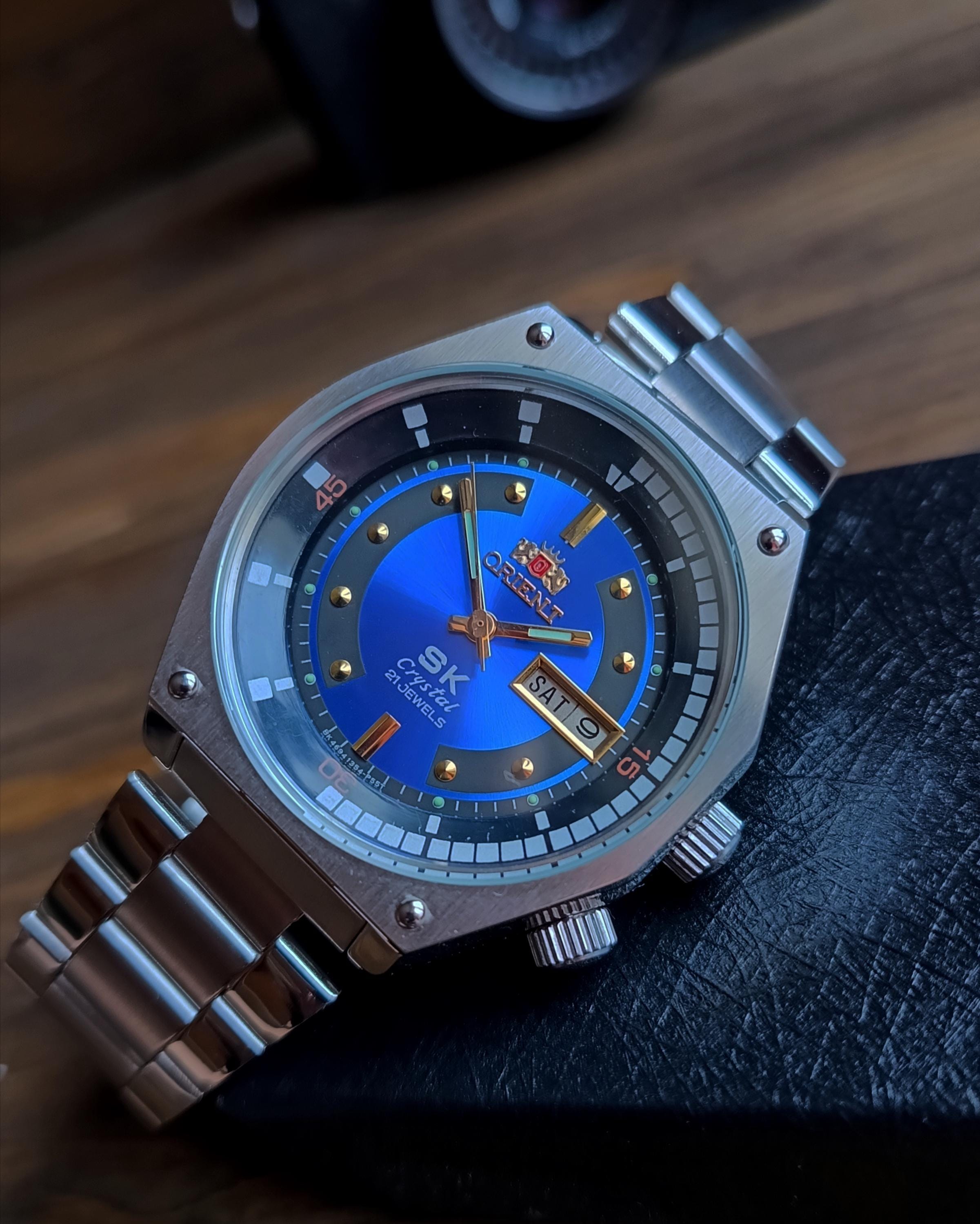 Vintage Japanese rare Orient Sea King, SK, automatic men's watch, calendar watch, 21 stone, blue large men's watch