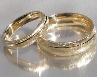 Wedding rings made of 585 yellow gold / matted with grooves / wedding rings 14ct / rounded / cambered / wedding ring set 585 gold