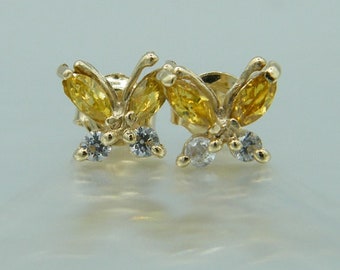 Butterflies stud earrings 585 gold 14 carat earrings zirconia yellow marquise cut children's jewelry