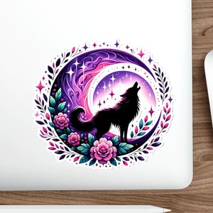 Adesivi fustellati impermeabili con lupo e luna viola - Natura selvaggia, Avventura all'aria aperta, Regalo per gli amanti degli animali, Decalcomania per laptop, Scrapbooking
