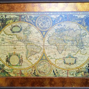 Handmade Old World Map Double Hemisphere by Lud. Hondio XVII Century ...