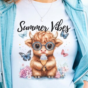 Summer Vibes Highland Cow PNG - Cute Cow Wild Flowers Butterfly Shirt Sublimation, Digital Download for T-shirt Designs