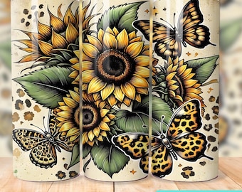 Sunflowers Leopard 20oz Skinny Tumbler Wrap, Floral Sublimation Tumbler Design, Leopard Print Flower Digital Download