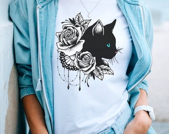 Black cat T-shirt, Graphic tee with cat and roses, t-shirt for cat lovers, gift for cat Moms