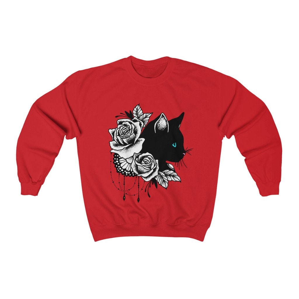 Black Cat Sweatshirt Floral Cat Sweatshirt for Women Cat Etsy