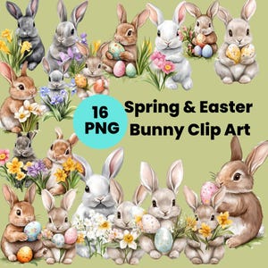Adorable Spring Easter Bunny Clipart Set - Instant Download for Sublimation Design with Charming Rabbit PNG Set, Easter Bunny and flowers