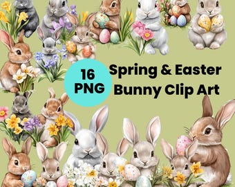 Adorable Spring Easter Bunny Clipart Set - Instant Download for Sublimation Design with Charming Rabbit PNG Set, Easter Bunny and flowers