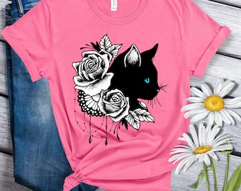 Cat lovers T-shirt, Graphic tee with cat and roses, t-shirt for cat lovers, gift for cat Moms