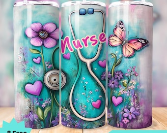 Nurse Stethoscope Tumbler wrap Sublimation, Flowers and Butterfly - 20 oz Tumbler Wrap PNG Instant Download Sublimation Design