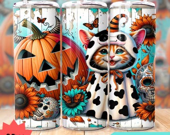 Envoltura para vaso de Halloween con un lindo gato espeluznante, divertido diseño de sublimación para vaso de otoño de 20 oz, descarga digital de un lindo fantasma