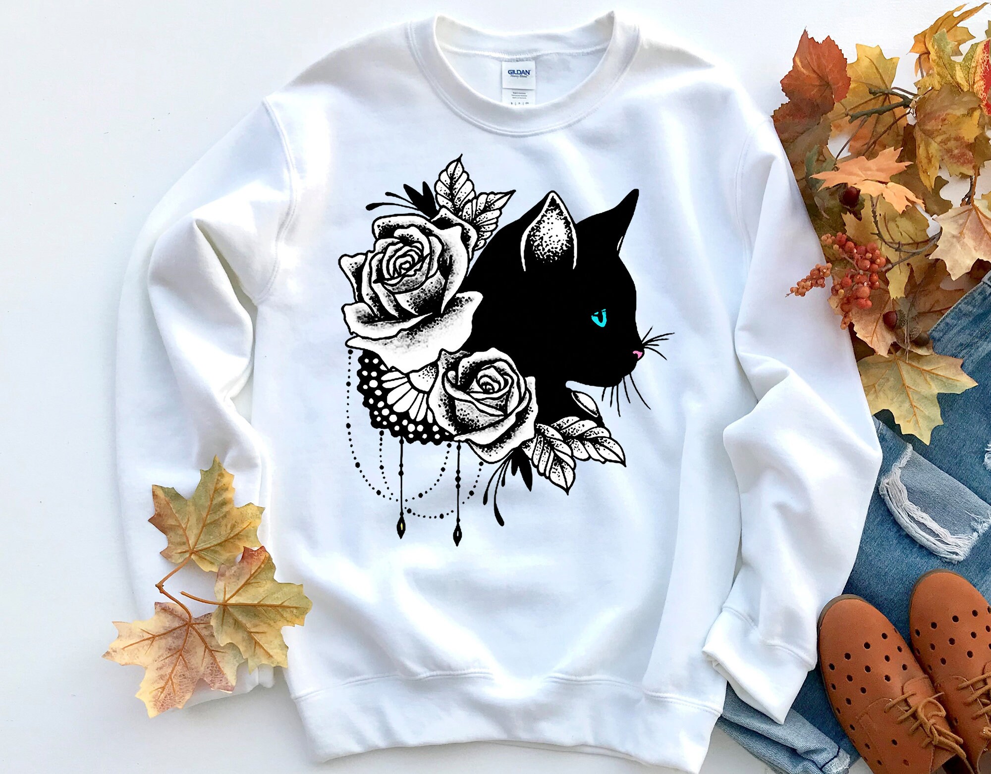 Black Cat Sweatshirt Floral Cat Sweatshirt for Women Cat Etsy