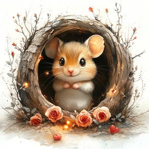 Imágenes prediseñadas de agujero de ratón, imágenes prediseñadas de acuarela de ratones de la naturaleza en agujeros, diseños PNG de ratones con núcleo de cabaña, descarga digital de un acogedor animal de ratón