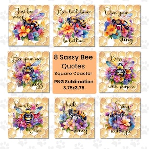 Ensemble de 8 dessins de sublimation aquarelle, citations d'abeilles carrées PNG, désodorisant PNG bricolage, téléchargement numérique