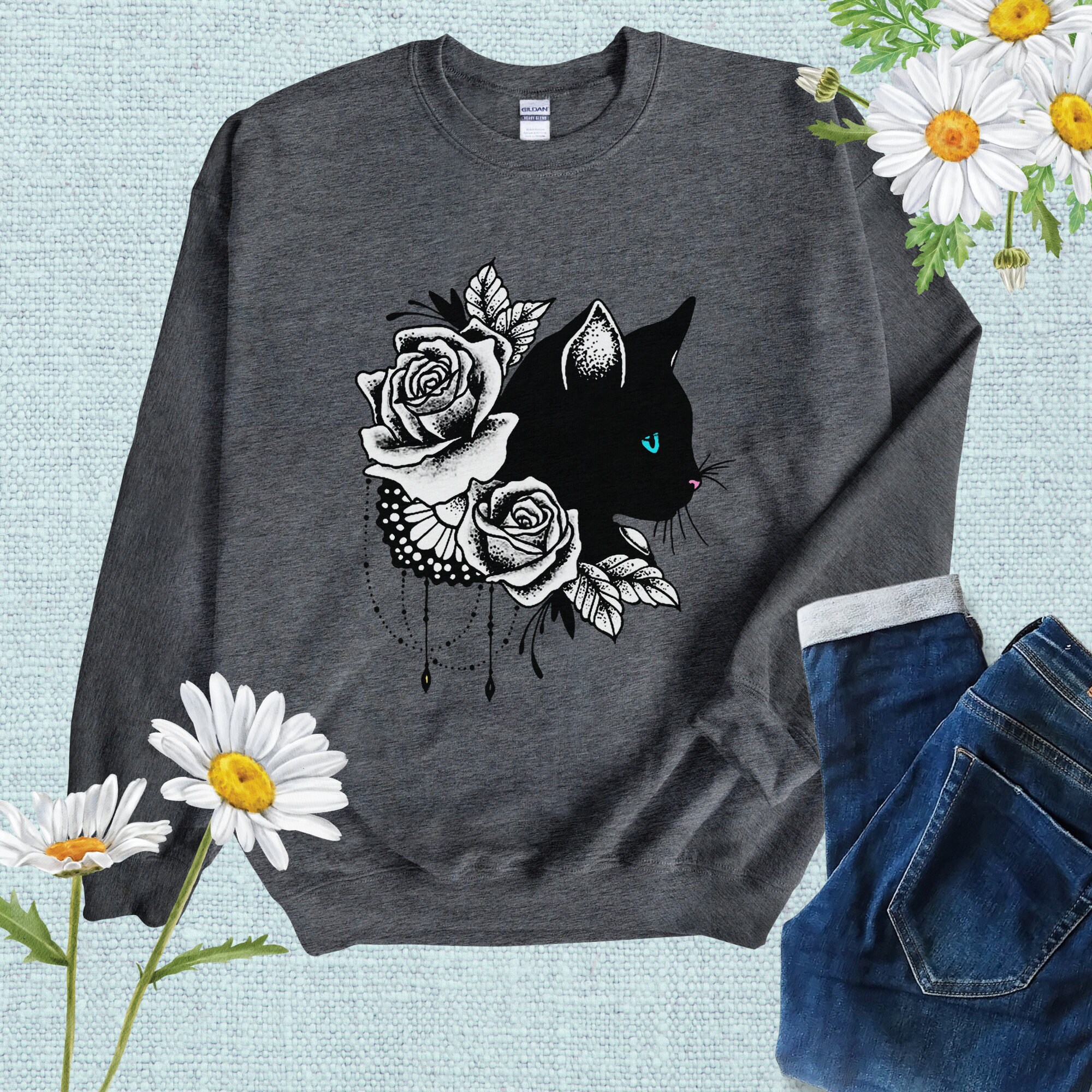 Black Cat Sweatshirt Floral Cat Sweatshirt for Women Cat Etsy