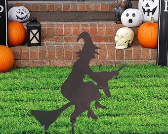 Flying Witch Metal Halloween Decor, Witch on Broom Yard Stake or Wall Art