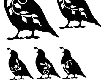 May include: A black and white illustration of quail birds. The birds are stylized with decorative leaf and swirl patterns. The image features five birds in various poses, all with a similar design.